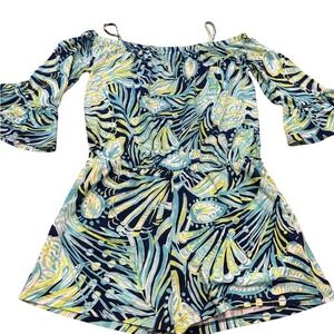 Lilly Pulitzer Girls XL 12-14 Romper Blue‎ Green Pineapple Ruffle Sleeve Cotton